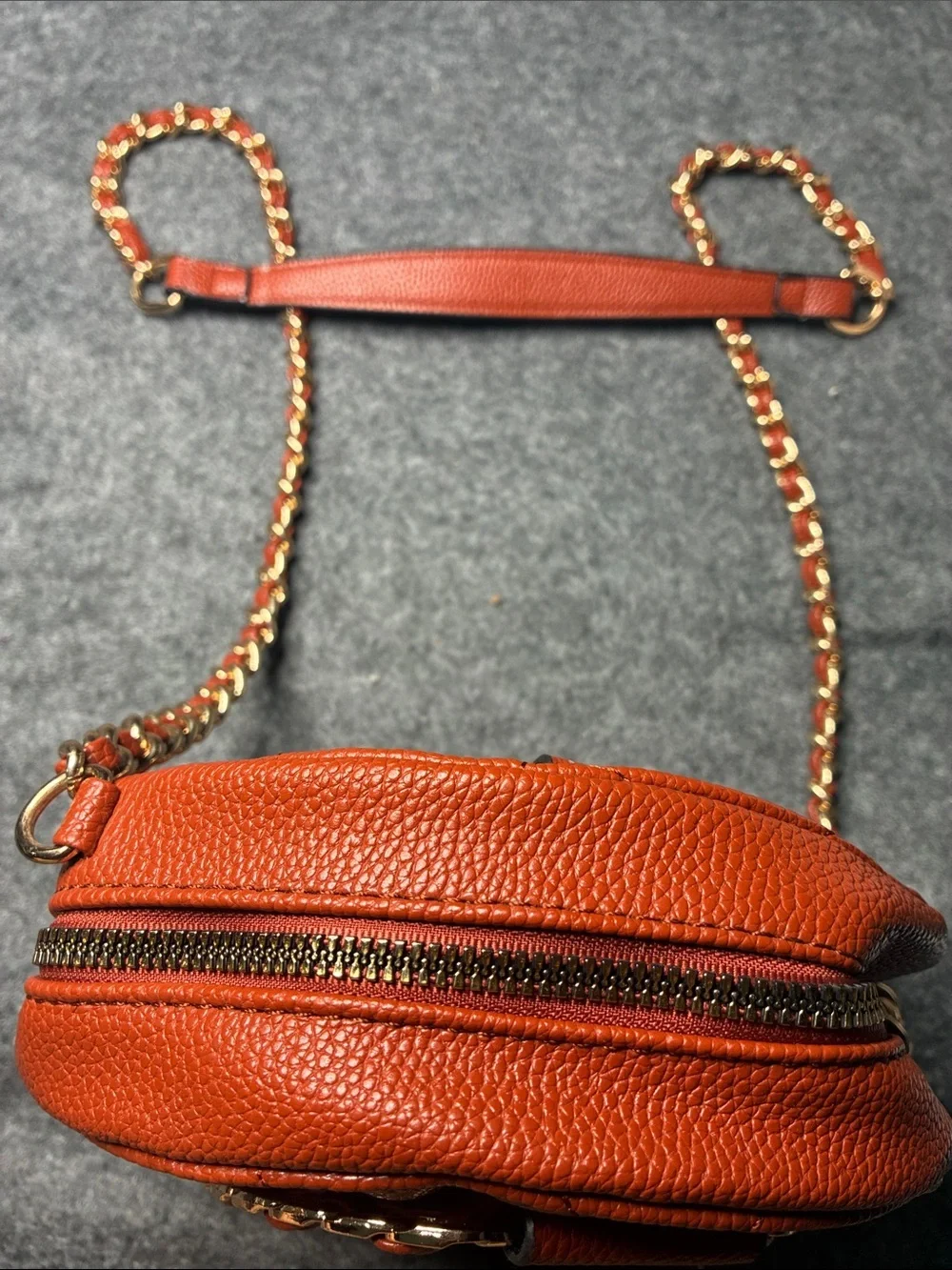 Quilted Round Crossbody Bag - Rust Orange with Gold Chain - Picture 3 of 4